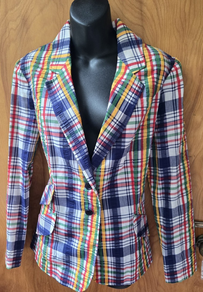 アウターその他 Madras blazer with belt and removable scarf Late 1970s Woven Indian Madras Cotton DB Jacket — Wayward