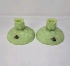 VINTAGE FENTON GREEN SATIN/CUSTARD GLASS WATER LILY CONSOLE CANDLE HOLDERS