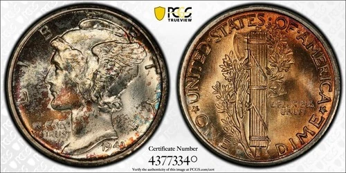 1943-D MERCURY DIME PCGS MS67+FB Gold Shield  10c TONED