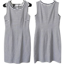 TALBOTS Career Dress Sheath Striped Braided Trim Navy White 4 Professional Chic