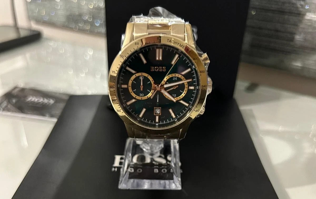 New HUGO BOSS HB1513923 Allure Gold Green Stainless Steel Chrono Mens Watch UK - Image 3