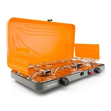 Portable Stove With Twin 14000 Btu Burners And Windshield For Outdoor Cooking