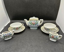 Vtg Miniature Porcelain Tea Set Lidded Teapot Japan Blue Stripes Pink Floral Toy