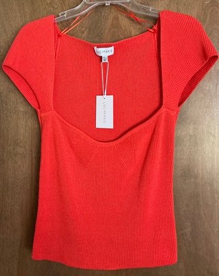NWT Lucy Paris Ribbed Sweatheart Women Top L  Knit Cap Sleeve Red-Orange Hue