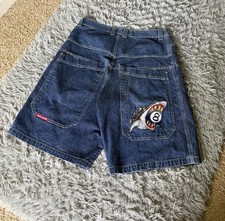 JNCO Jeans Men's Blue Dark Wash Denim Shorts Embroidered 8 Ball 5-Pocket Zip