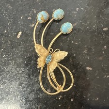 Vintage Gold Tone Butterfly Spray Brooch Pin Turquoise Blue Cabochon 1/20 12k Gf