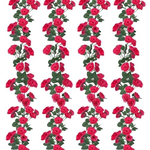 4 Pack 24 FT Artificial Flower Garland, Fake Vines Silk Flowers Red Rose - Picture 2 of 8