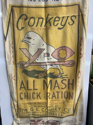 Antique Conkeys Y-O Egg Mash Chick Starter Feed Sack BRIGHT Yellow Nice! NE