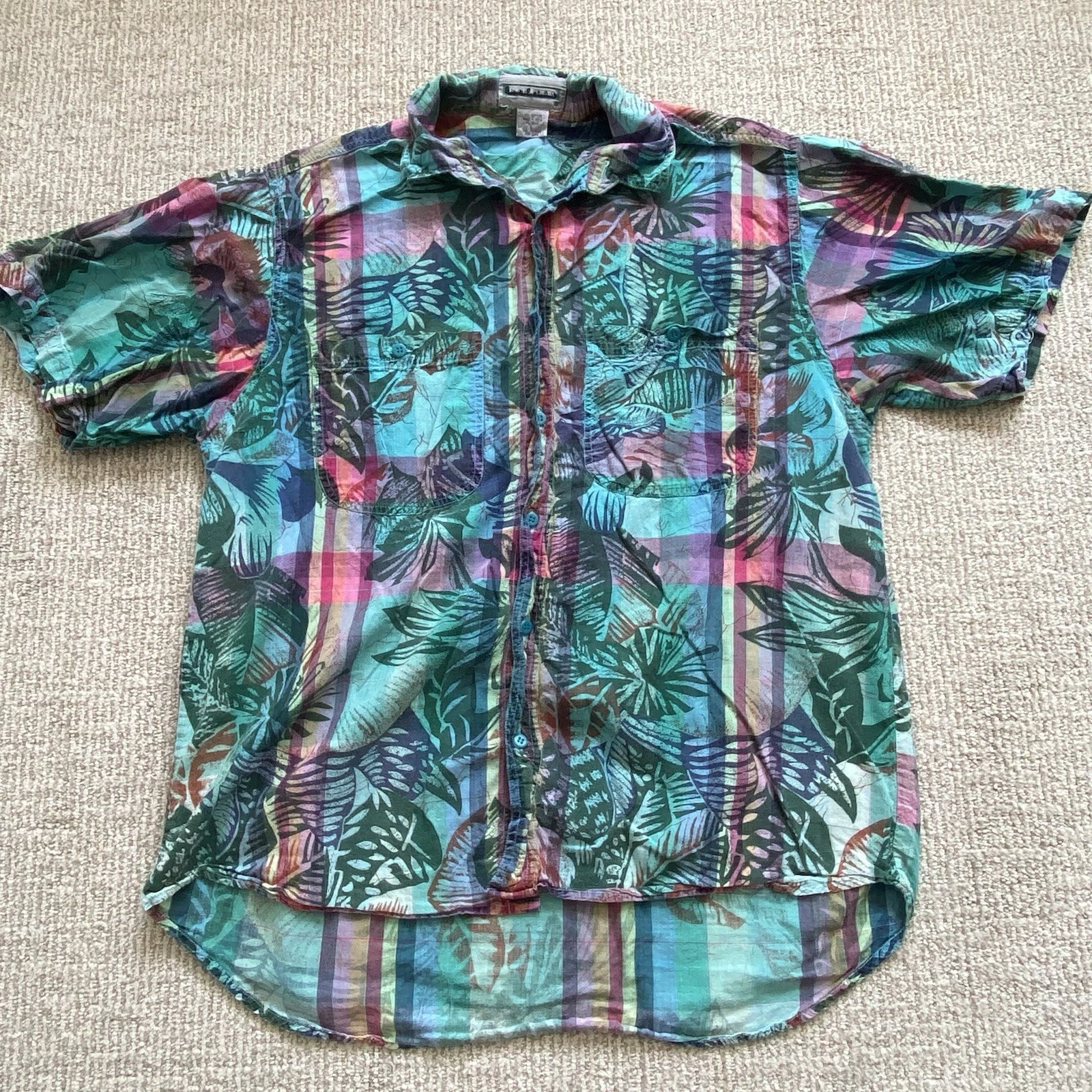 Vintage 90s RnR Gear Large Hawaiian Shirt Pink Blue Green Plaid Leaves Botanical
