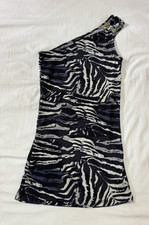 Vintage Express Black White Zebra Print One Shoulder Bodycon Mini Dress - Size S
