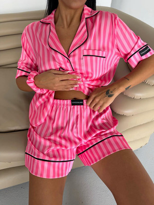 Coccolarsi Damen Schlafanzug Pyjama-Set Satin Kurzarm gestreift Knopf M