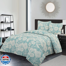Stratford Park Floral Quilt Set Queen Size Color Blue 3 Piece Print Microfiber