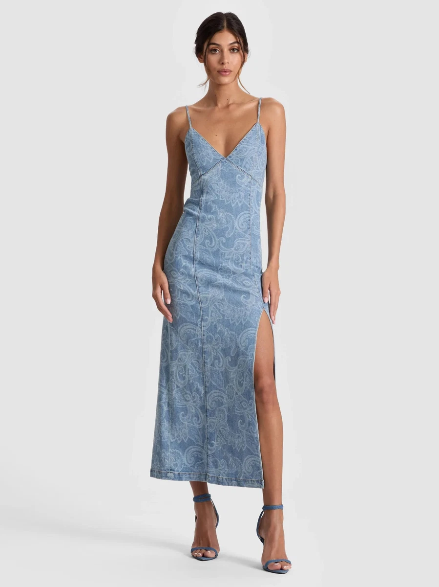 alice + olivia asymmetric slit midi dress Alice + Olivia Harmony Asymmetrical Midi Dress In Blue - Waterfall