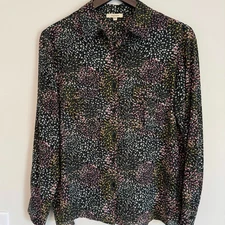 Pleione Women’s black floral Button Front Casual Career Blouse size small 