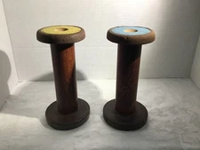2 Antique Vintage 3" Colored End Wooden Industrial Textile Bobbins Spools