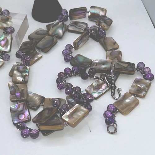 Artisan Abalone Amethyst Colors Sterling Parure Necklace Bracelet Earrings - Picture 3 of 13