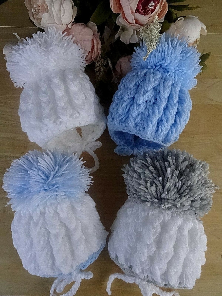 Hand Knitted Baby Hat Boy Girl Crochet Pom Pom Ties White Blue