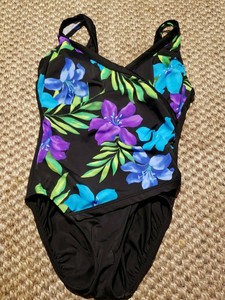 Longitude Black faux wrap tropical flower floral One Piece ...