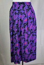 Vintage Womens Skirt Midi Purple Pink Paisley 80s Size Large Pockets Box Pleats