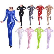 Womens Catsuit Oil Glossy Bodysuit Slim Fit Full Body Jumpsuit Shiny Stretchy