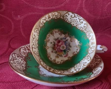 Mid 20th Century Crown Staffordshire Hand Painted Green Gilt Cup & Saucer
