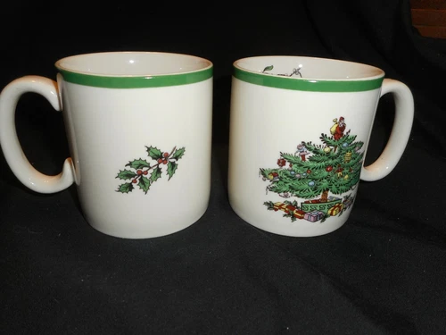 Vintage Spode Set 2 Mugs Cups Christmas Tree Pattern Green Trim
