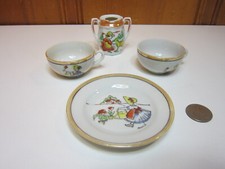 4 Piece Ceramic Porcelain Dollhouse Miniature Jug 3 Teacups Plate Woman Gardener