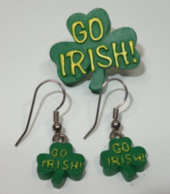 Go Irish Shamrock Dangle Drop Earrings Brooch Pin St.Patrick's Day Set