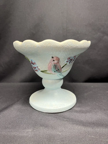 A Stunning Vintage Mid Century Hull Lt Blue Ceramic Compote Planter Pink Bird.