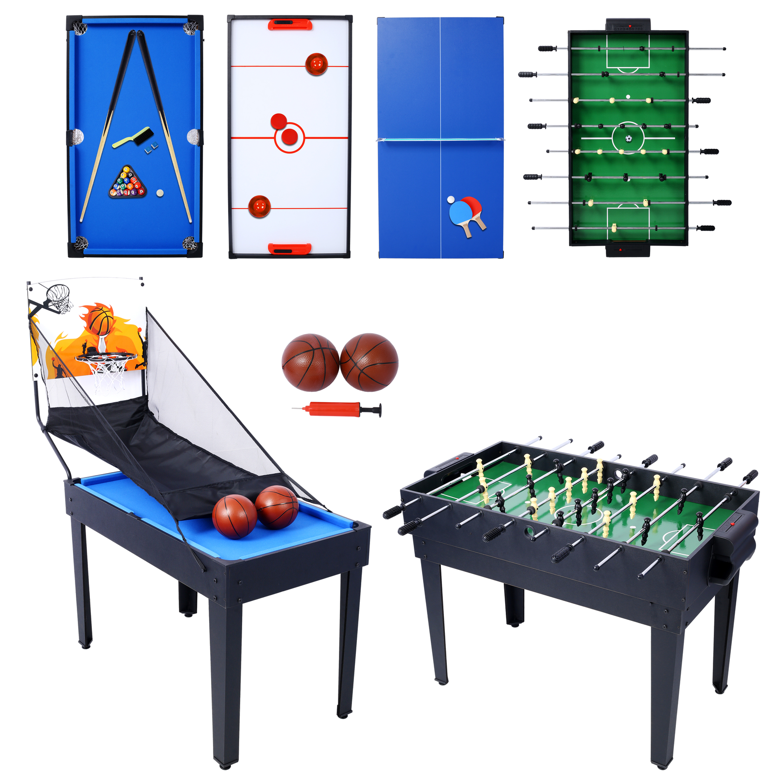 5-in-1 Multi Game Table with Foosball Ping Pong Basketball and Billiards in Black and Blue