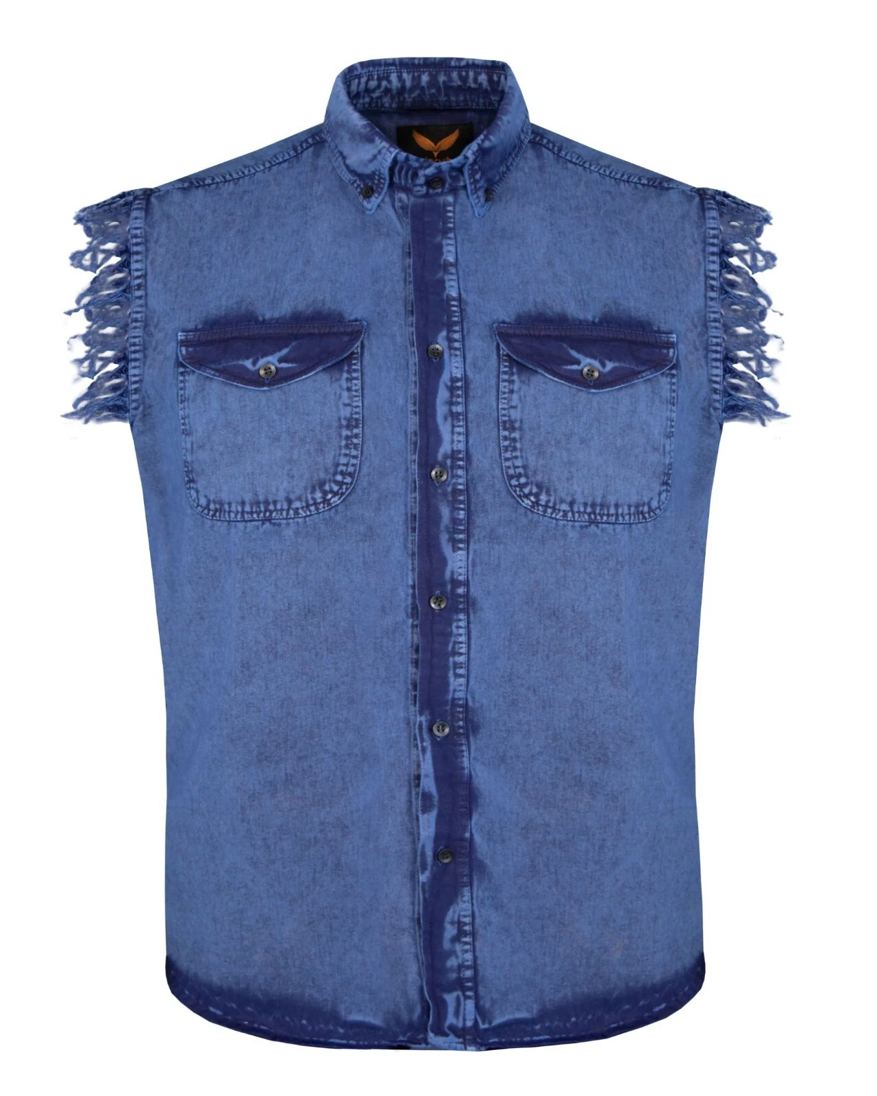 Men's Stonewashed Blue Sleeveless Cotton Shirt Summer Motorcycle Biker Riding