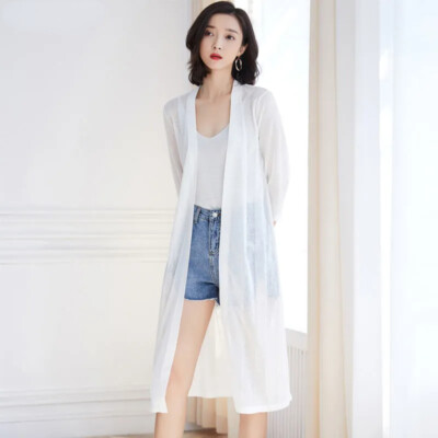 Damen Strickjacke Midi Durchsichtig Kimono Offen Vorne Schal Jacke Sommer  Lässig