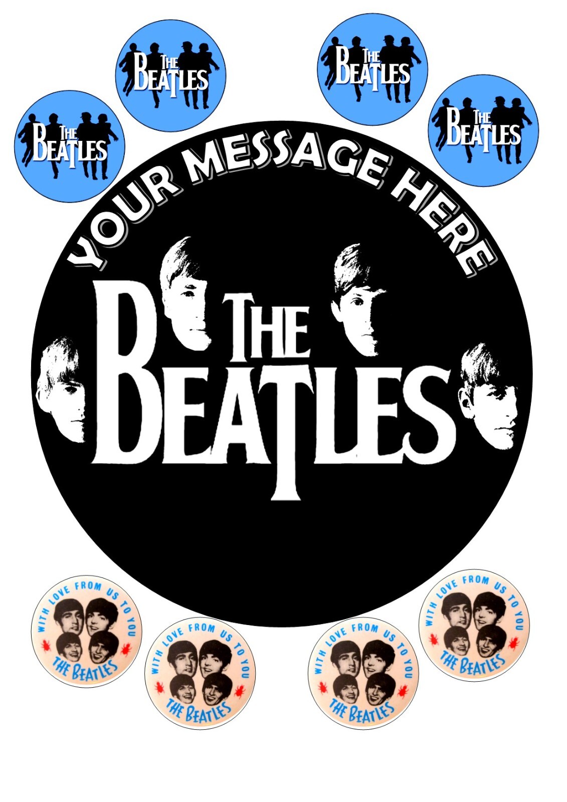 THE BEATLES   ROUND PERSONALISED 7.5 + 8 EDIBLE  ICE/ICING FROSTING TOPPER
