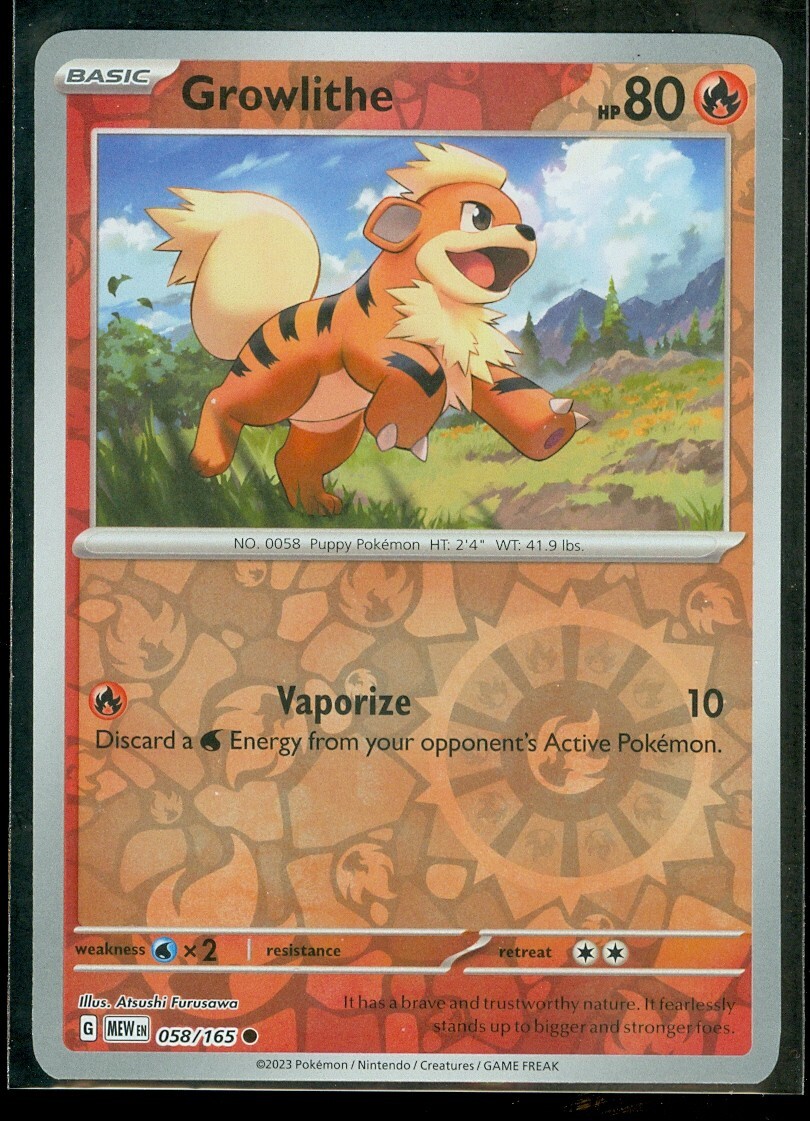 Pokemon GROWLITHE 058/165 Pokemon 151 - Rev Holo - - MINT