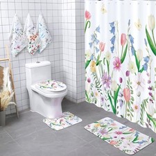 7 Pcs Shower Curtain Set with Non-Slip Mats Bathroom Set with Shower Flower