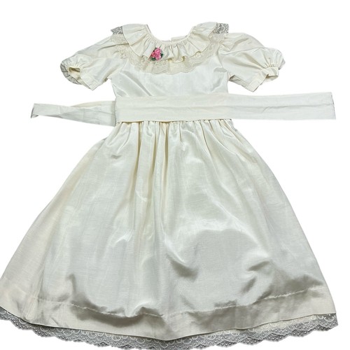 Vintage 90s Sylvia Whyte ivory taffeta lace trim belted dress size 12