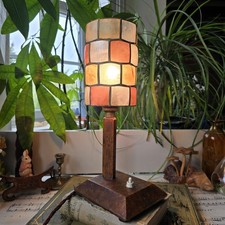 Vintage Art Deco Wooden Table Lamp & Capiz Shade Mcm Rustic 1950s