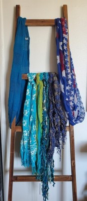 Lot of 6 Scarves including Teal Blue Green/ USA Flag Infinity Fringe Crinkle