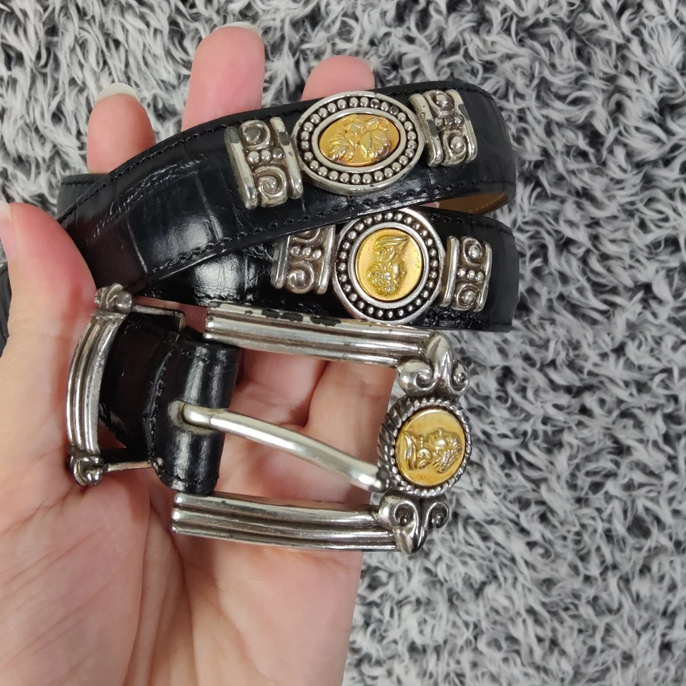 Cinturón de cuero negro Brighton vintage plateado tono dorado hebilla para mujer grande 31"-35" Foto 2 de 4