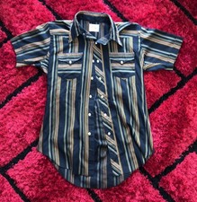 Vintage Wrangler Button Up Short Sleeve Stripes 1970  s Blue Size Small Retro