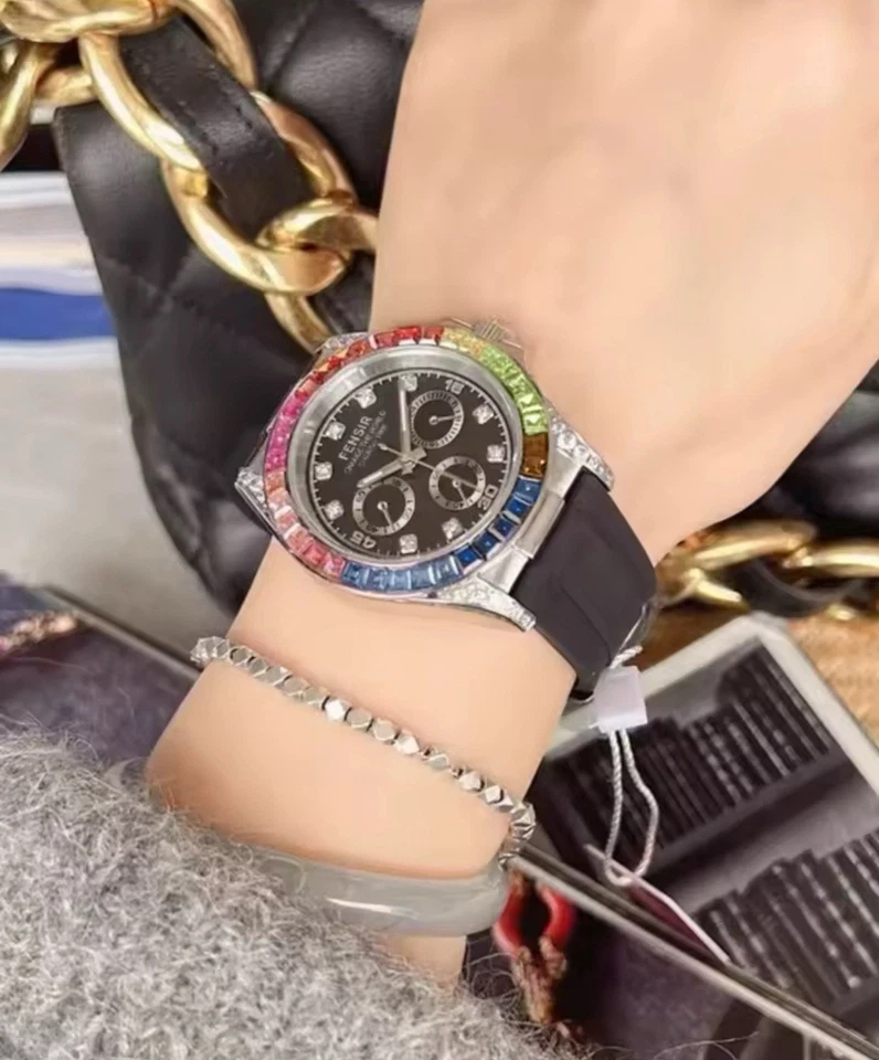 Orologio Cronografo Diamanti Rainbow Cinturino Gomma Luxury Multicolor Argento - Immagine 2 di 2