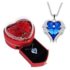 Preserved Rose with Angel Wings Necklace Gift Set for Women.Eternal Rose Claret