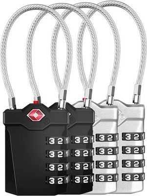TSA-Kofferzahlenschlösser, 4er-Pack, Schwarz und Silber | Reise-Kofferschlöss...