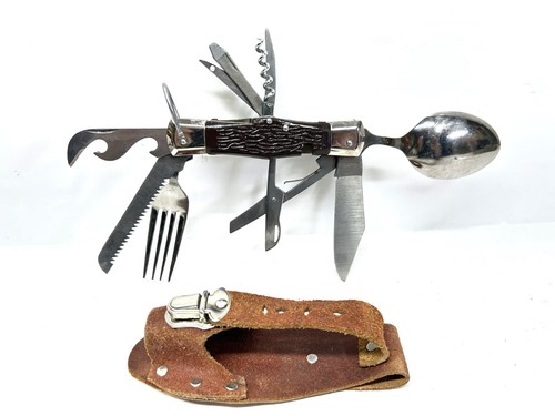 Vintage Japan Hobo Camping Folding MULTI  TOOL Fork Spoon W/ Sheath 60s Stainles