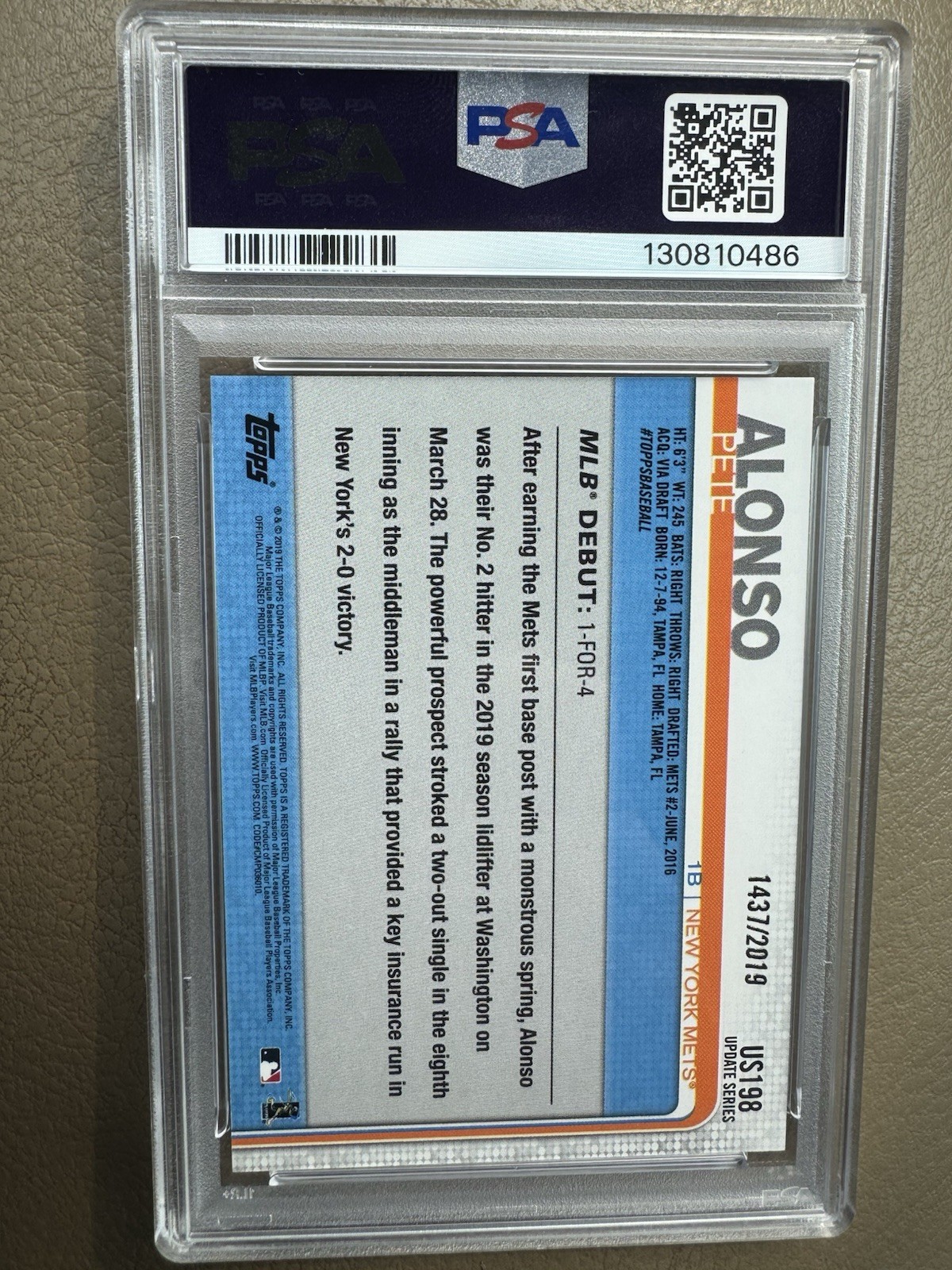 2019 Topps Update Series - Rookie Debut Pete Alonso #US198 Gold /2019 PSA 10 view 2