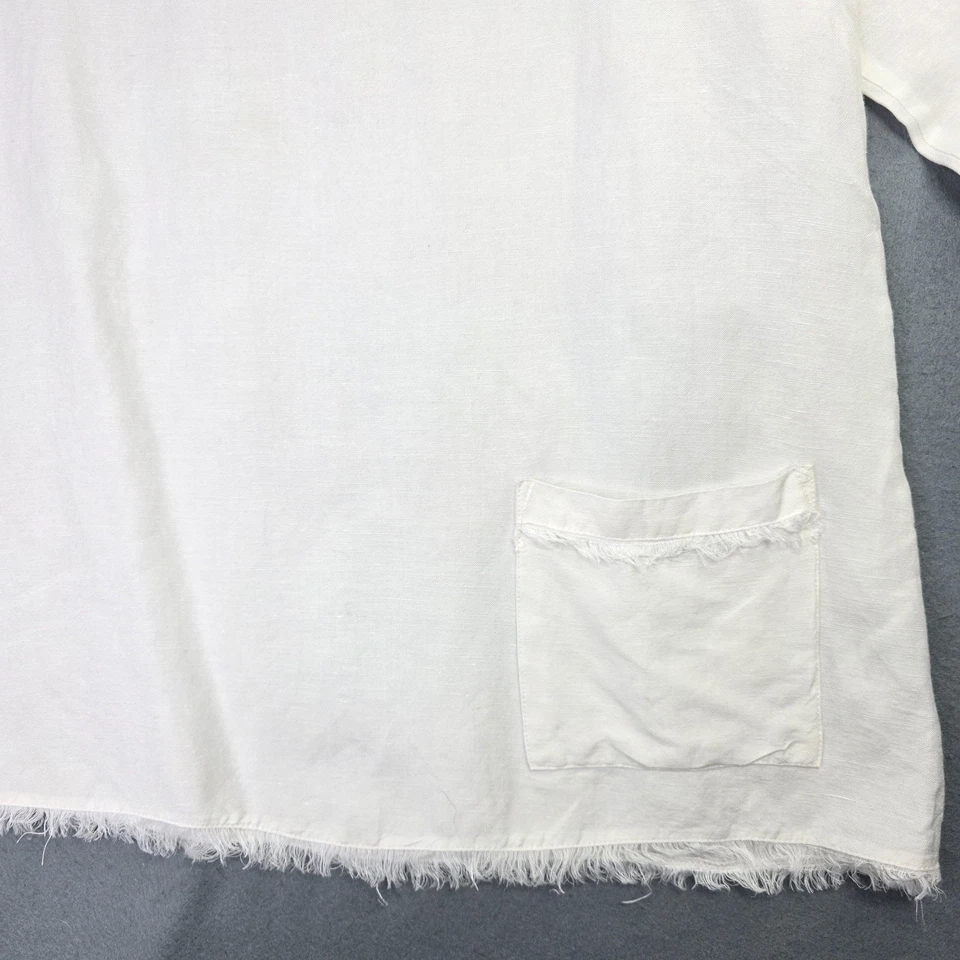 Camisa Toofan Lino Mujer M Blanco Lino Manga 3/4 Dobladillo Crudo Bolsillo Boho Minimalista Foto 2 de 4