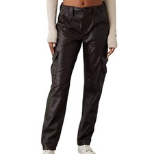 American Eagle Vegan Leather Cargo Pants Brown Straight Leg Women's 8 Long Y2K