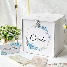White Wedding Card Box with Lock, PVC Gift Card Box with Blue Wreath, Wedding...