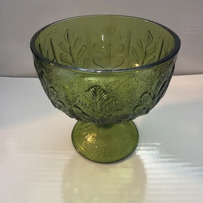 1975 F.T.D. Vintage Green Glass Bowl Oak Leaf Vase Boho Glass Footed Bowl