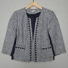 White House Black Market Blazer Womens 10 Blue Tweed Open Front Pearl Trim